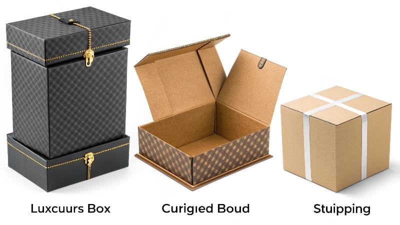 Best Packaging Types for Different Needs Side-by-side comparison of a luxury rigid box, a retail folding carton, and a sturdy corrugated mailer box.