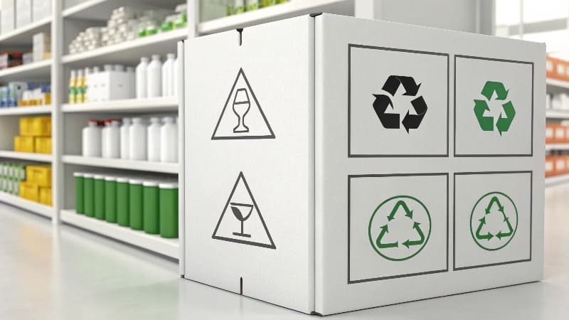 A warehouse worker looking at symbols on a box before moving it alt with keywords