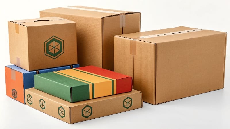 A branded e-commerce mailer box next to a plain brown shipping box for comparison.