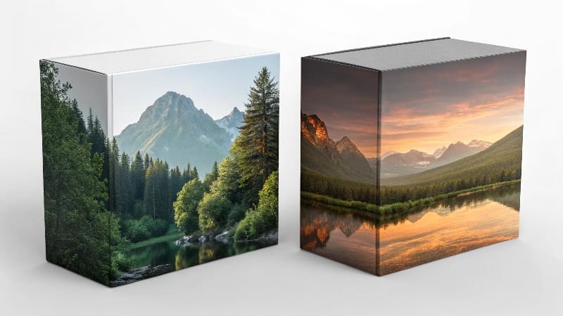 Glossy vs. Matte Packaging Finish A side-by-side comparison of a glossy and a matte printed box.