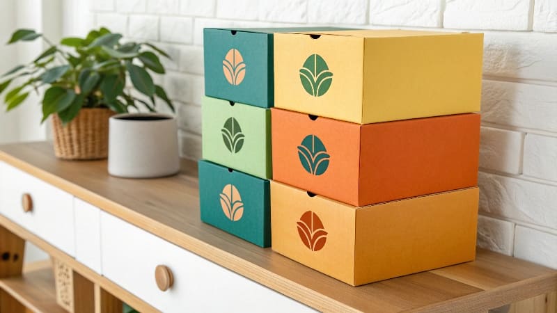 A collection of custom-designed boxes for various products, showcasing strong branding.