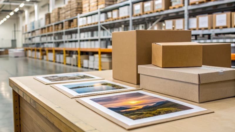 Industrial Press Proof vs. Retail Photo Printing A large industrial printing press running, contrasted with a small retail photo printing kiosk.