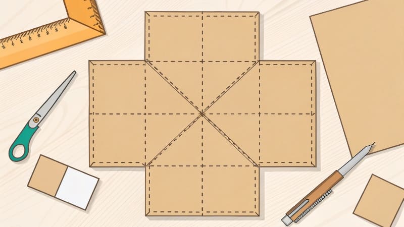 A computer screen showing a cube box dieline in Adobe Illustrator with graphic design elements.