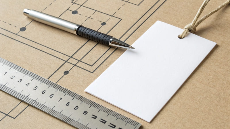 Designing and Writing a Packaging Label A designer's computer screen showing the process of arranging text and graphics on a label template.