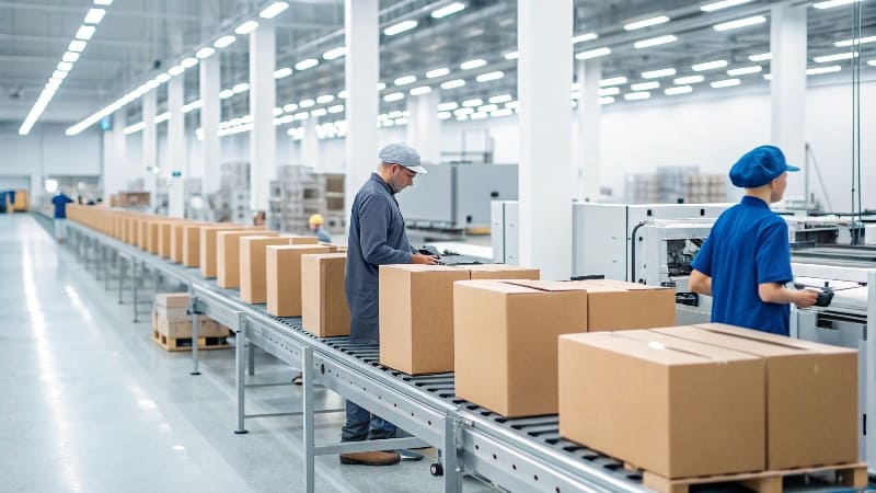 A modern, clean packaging factory floor with machinery running.