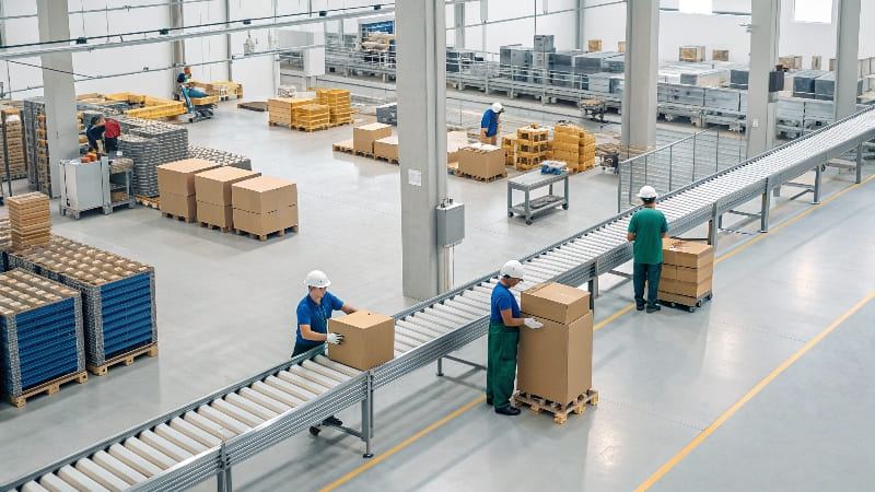 Choosing a Packaging Supplier A packaging designer and a supplier collaborating over box samples in a factory setting.