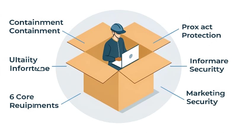 The 6 Core Requirements of Packaging An infographic showing six icons representing the core requirements of packaging.