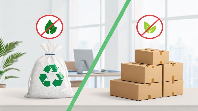 A scale balancing the pros and cons of eco-friendly materials, with [brand image](https://wansapackaging.com/creative-types-of-packaging-custom-packaging/)<sup id=
