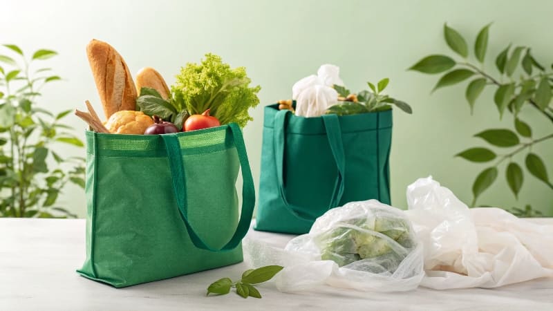 Advantages of Eco-Friendly Bags A customer walking down the street carrying a stylish reusable tote bag with a company's logo on it.