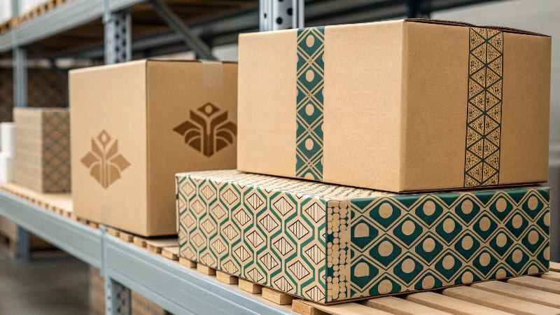 Generic Box vs. Custom Box A side-by-side comparison of a plain brown box next to a vibrant, branded custom box.