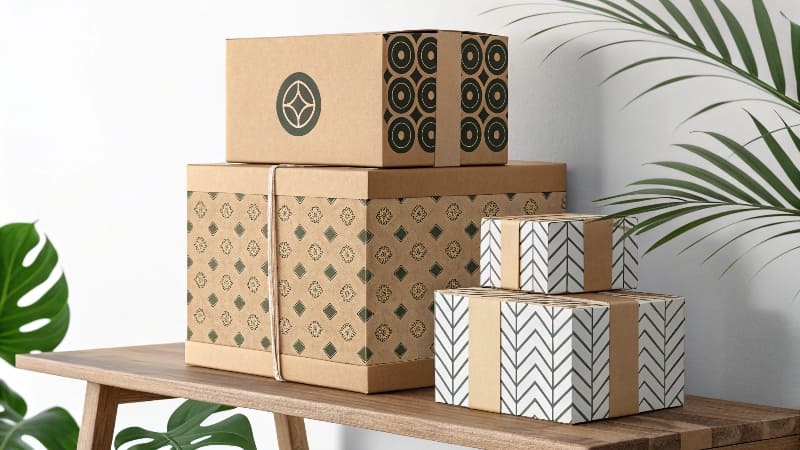 A delighted customer opens a beautifully designed custom box, revealing a product inside.