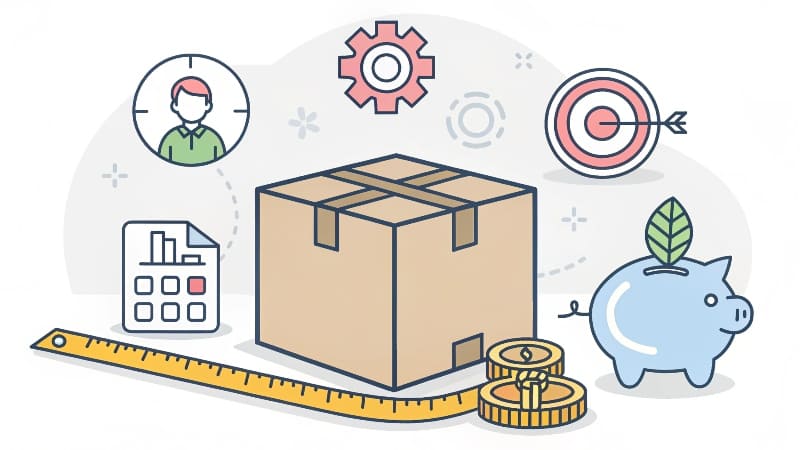 Four Factors in Packaging a Product A mood board showing a product, brand logos, photos of target customers, and a budget spreadsheet.