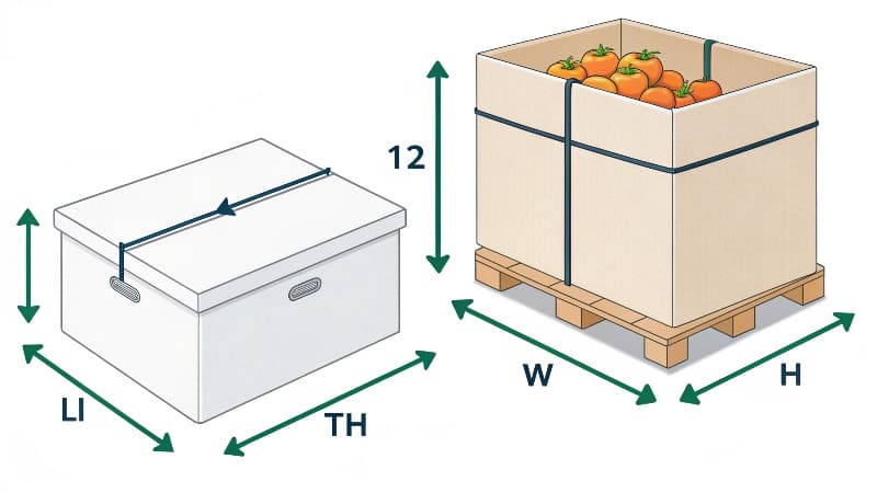 How to list box dimensions correctly A technical specification sheet showing box dimensions listed clearly in the L x W x H format with units.