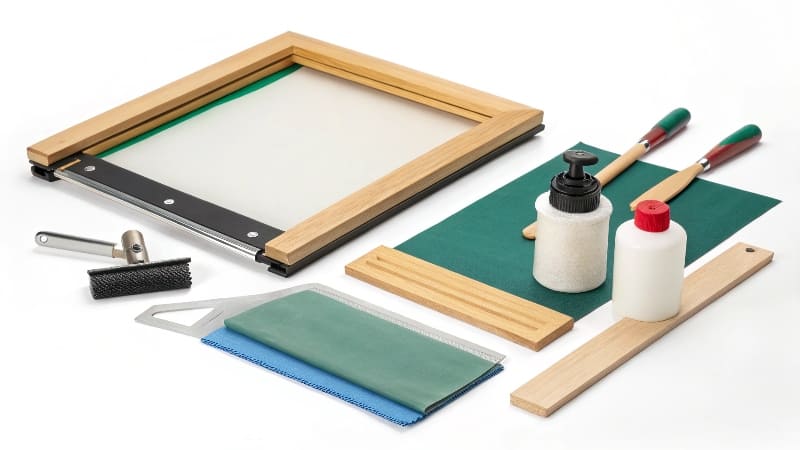Essential Silk Screen Print Kit A complete silk screen printing starter kit laid out neatly on a table.
