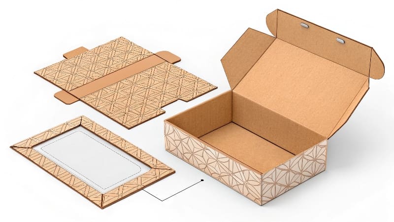 Example of a Die-Cut Folding Carton An unfolded, flat die-cut cosmetic box blank lying next to the final folded and assembled box.