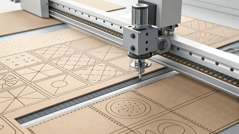 The Die Cutting Process in Action A close-up of a flatbed die-cutting machine pressing a custom die onto a sheet of printed cardboard.