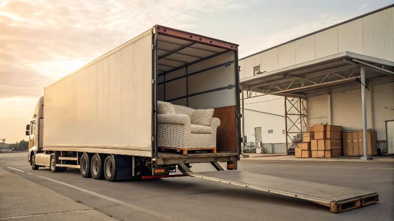 The inside of a semi-truck showing various pallets of goods packed together.