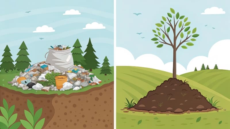 The Process of Biodegradable Packaging A time-lapse image showing a biodegradable container breaking down into the soil over time.