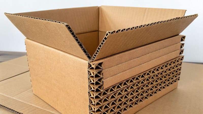 The Strongest Cardboard Box Design for Shipping A close-up view of a sturdy corrugated mailer box, showing its layered walls and secure tuck-in flaps.