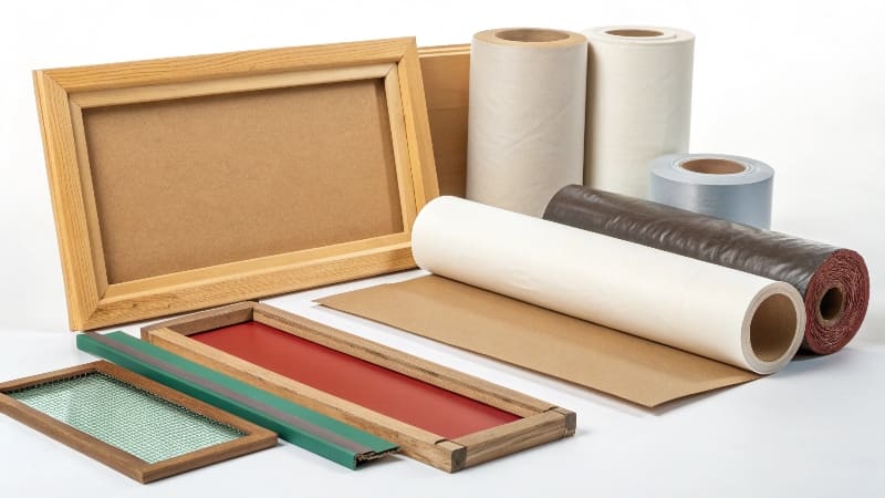 Versatile Materials for Silk Screen Printing A collage showing silk screen printing on a cardboard box, a plastic pouch, and a wooden surface.