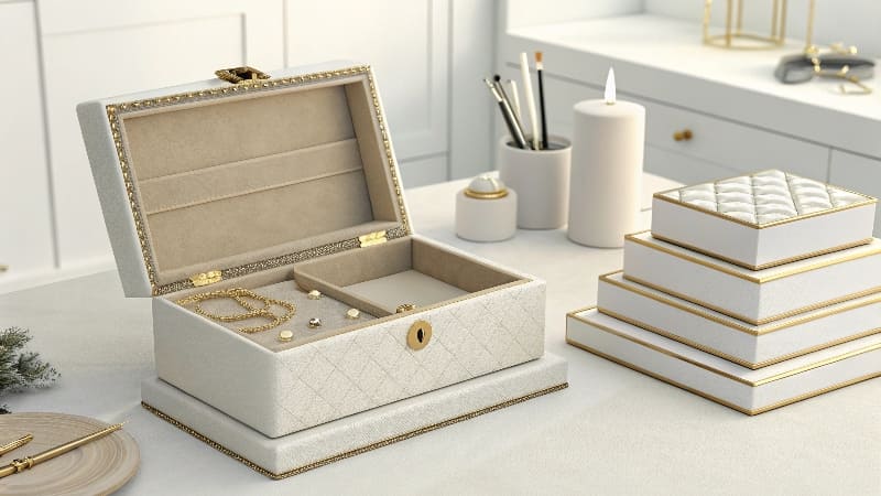 Choosing a China Jewelry Packaging Supplier An elegant collection of custom luxury jewelry boxes showcasing different styles and materials.