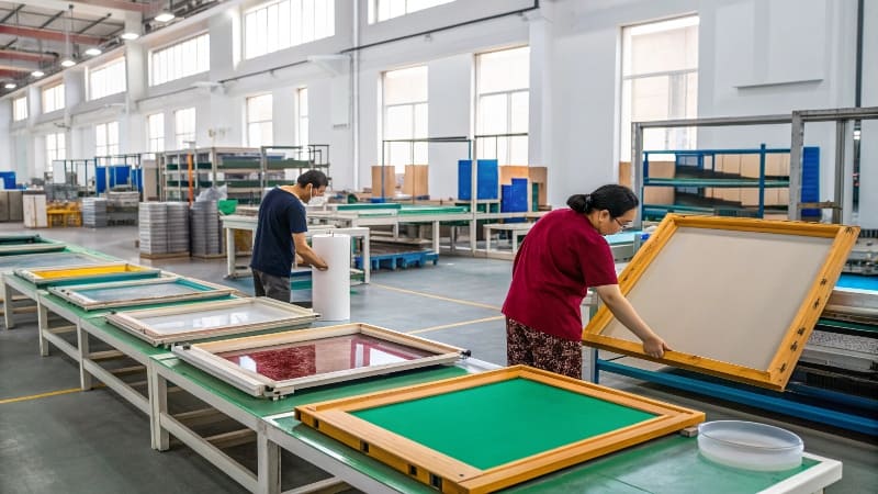 A warehouse in China filled with various silk screen printing supplies like screens, inks, and [squeegee](https://wansapackaging.com/how-to-print-my-logo-or-design-onto-a-cardboard-box/)<sup id=