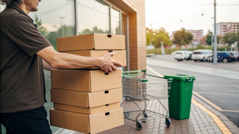 Getting Used Boxes from Stores A stack of used, branded grocery boxes ready for recycling.