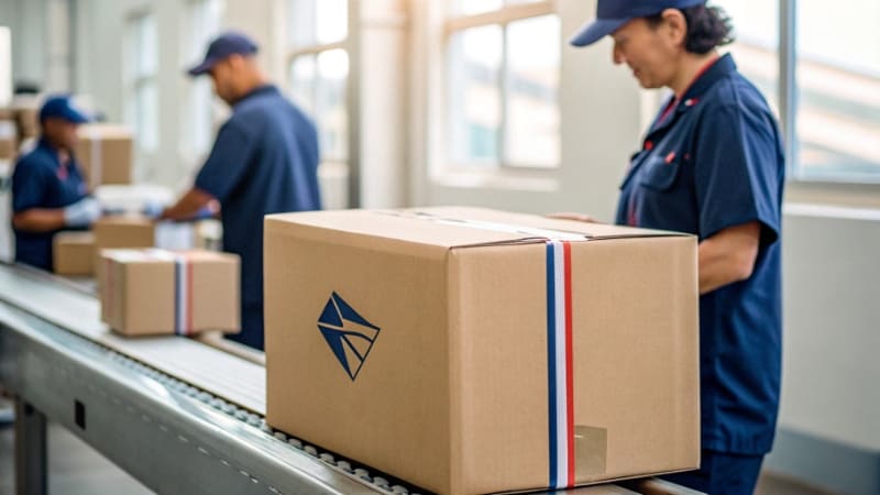 Preparing a Used Box for Shipping A person using a black marker and packing tape to cover up old labels and logos on a used branded box.