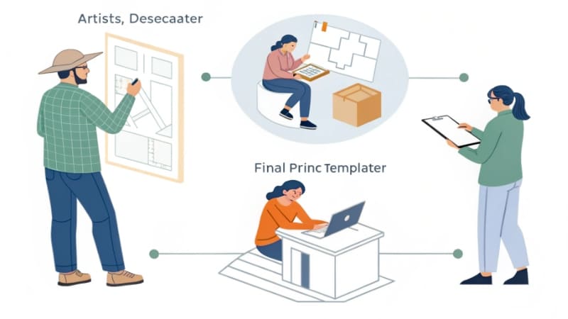 The Packaging Design Process A designer's desk with brand mood boards, color swatches, packaging sketches, and a computer with design software.