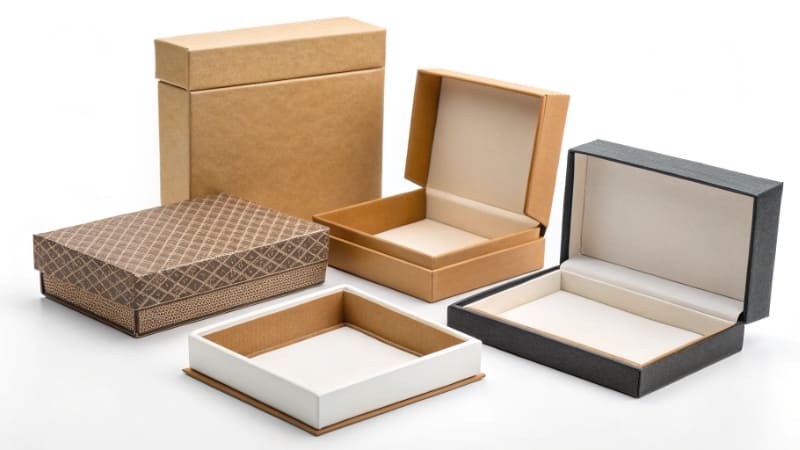 The Cost of Custom Packaging A calculator next to stacks of different custom boxes, showing the cost variables.