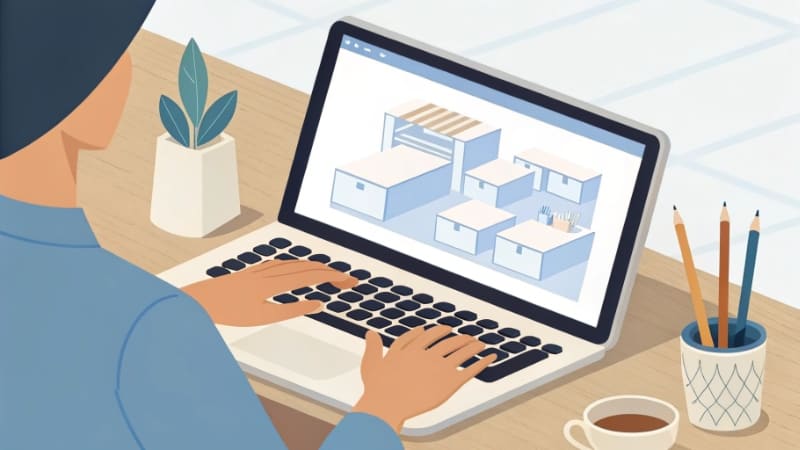 Finding Custom Box Manufacturers Online A person sitting at a computer searching online for custom box suppliers.