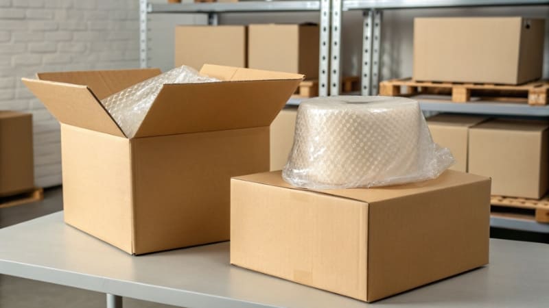 How to Pack Orders A workspace showing a product, bubble wrap, void fill, and a custom box ready for packing.