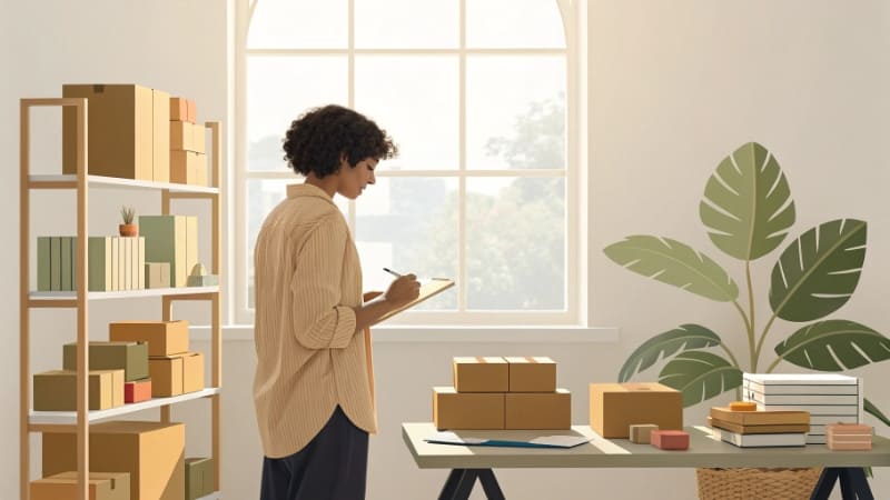 A person packing products into a custom branded subscription box alt with keywords