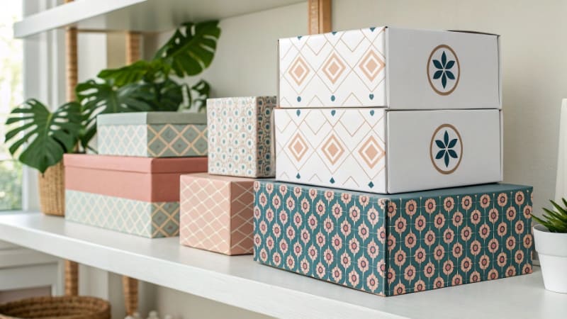 Shipping a Branded Box with USPS A branded box with a clear USPS shipping label on it, ready for mailing.