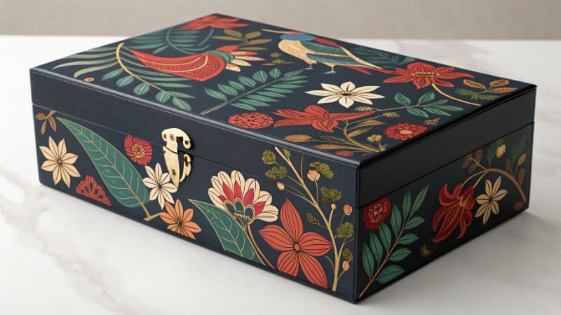 An influencer unboxing a beautifully designed subscription box for social media alt with keywords