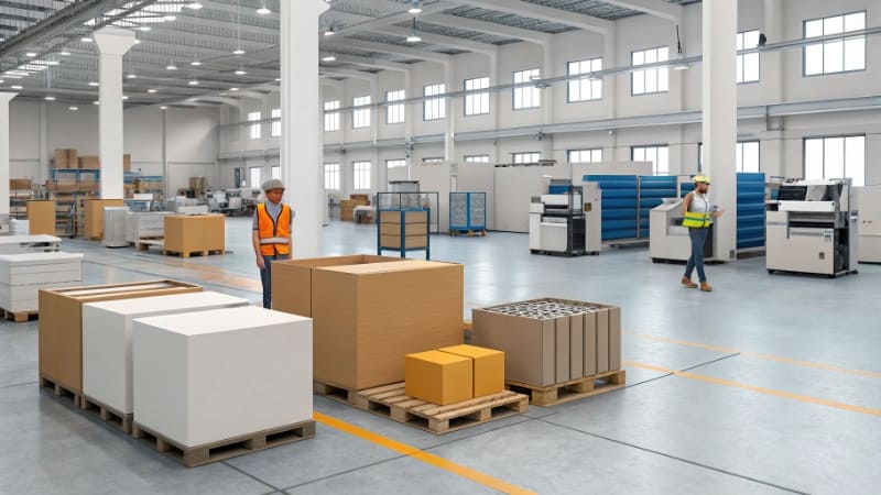 Services Offered by a Packaging Printer A collage showing the different stages of packaging services: a structural design blueprint, a foil stamping machine, and finished, assembled boxes.