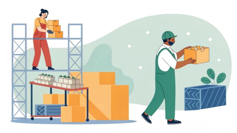 The Process from Design to Physical Packaging A split screen showing a designer creating graphics on a computer, and a factory machine folding the finished boxes.