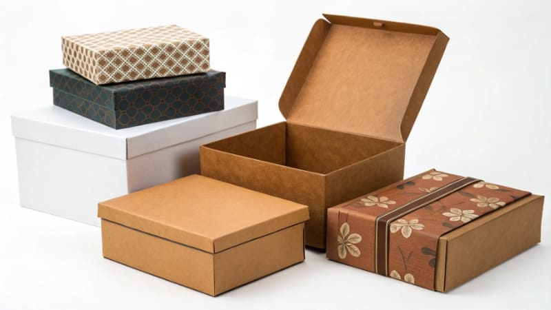 Calculating the Cost of Custom Boxes A calculator and a tape measure on top of a stack of custom printed boxes, illustrating the cost calculation.