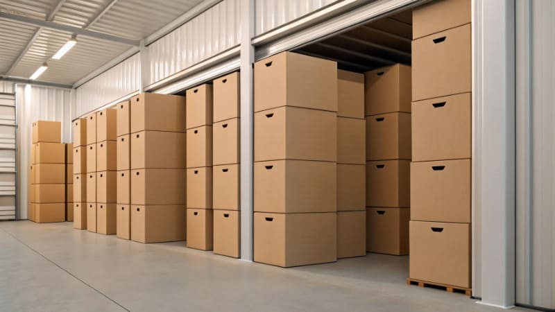 Foldable Boxes Save Space and Money A stack of flat-packed boxes next to a single assembled box, showing space savings.