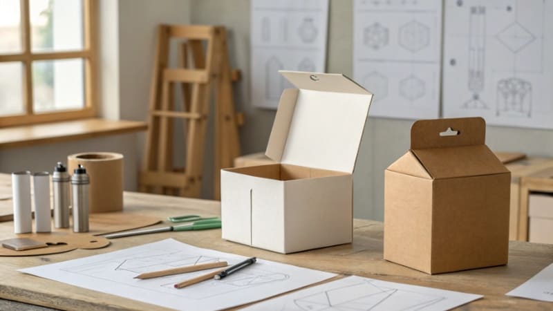 How to Design Product Packaging A designer's desk with color swatches, box mockups, and a computer screen showing design software.