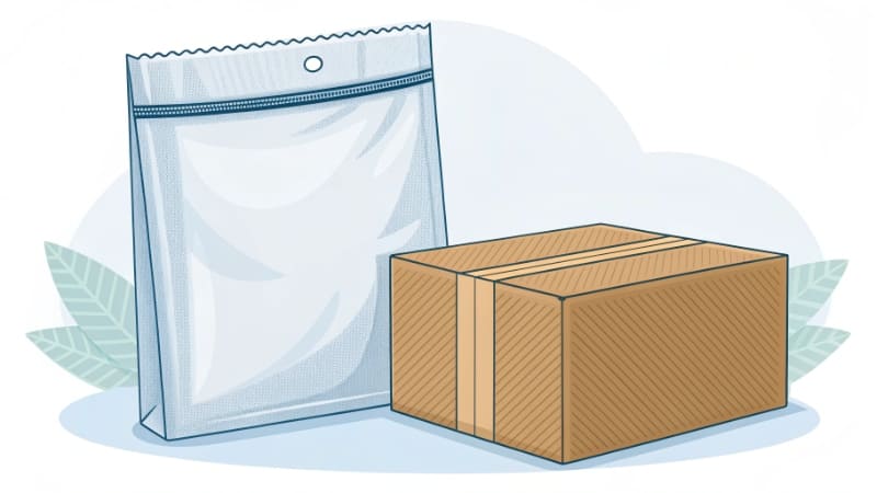 The Cheapest Forms of Packaging A simple poly mailer bag and a basic brown corrugated box, representing cheap packaging.