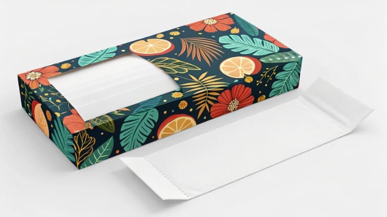 A high-end cosmetic box with a beautifully designed, textured sleeve wrapped around it.