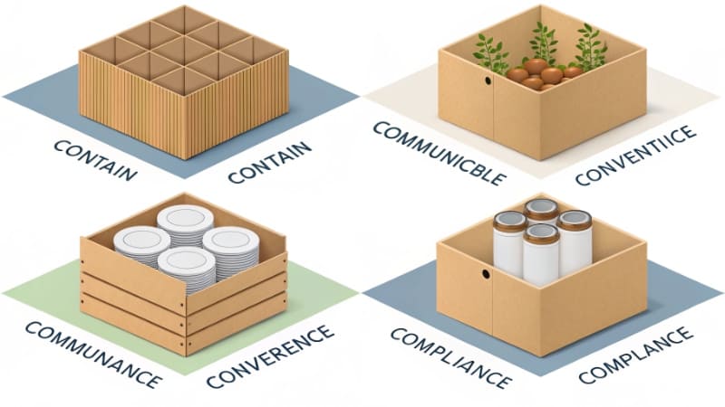 The 4 C's of Packaging Design A diagram showing four quadrants labeled Contain, Communicate, Convenience, and Compliance with simple icons.