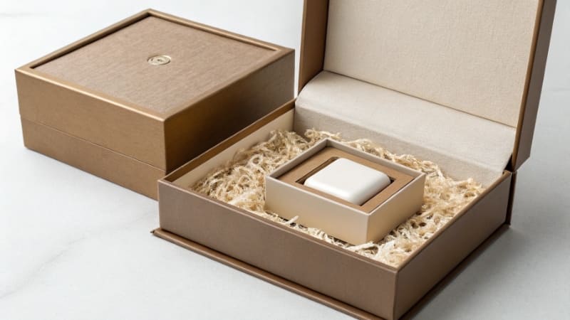 A person's hands carefully opening a luxurious, well-designed box, revealing a product nestled inside.
