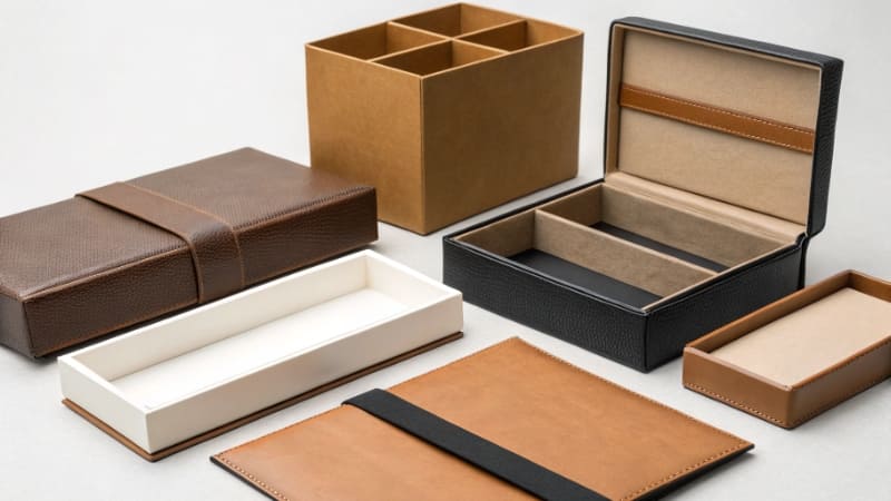 A plain white box with a stack of different sleeves next to it for various holidays and sales.