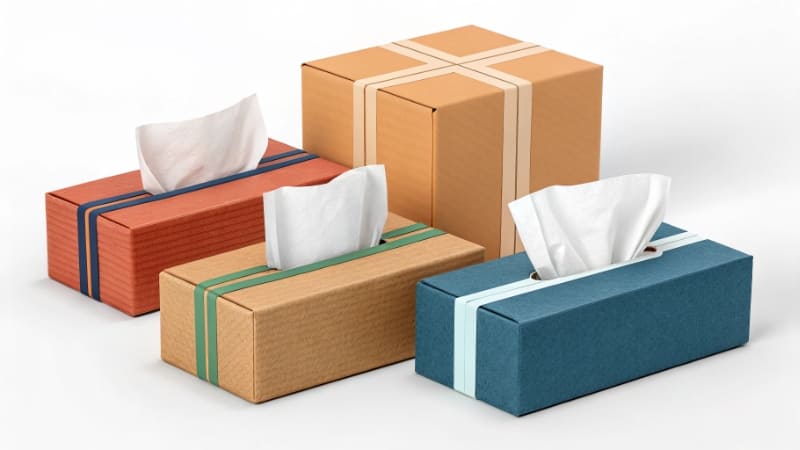 A plain white box with a colorful, branded sleeve sliding over it.