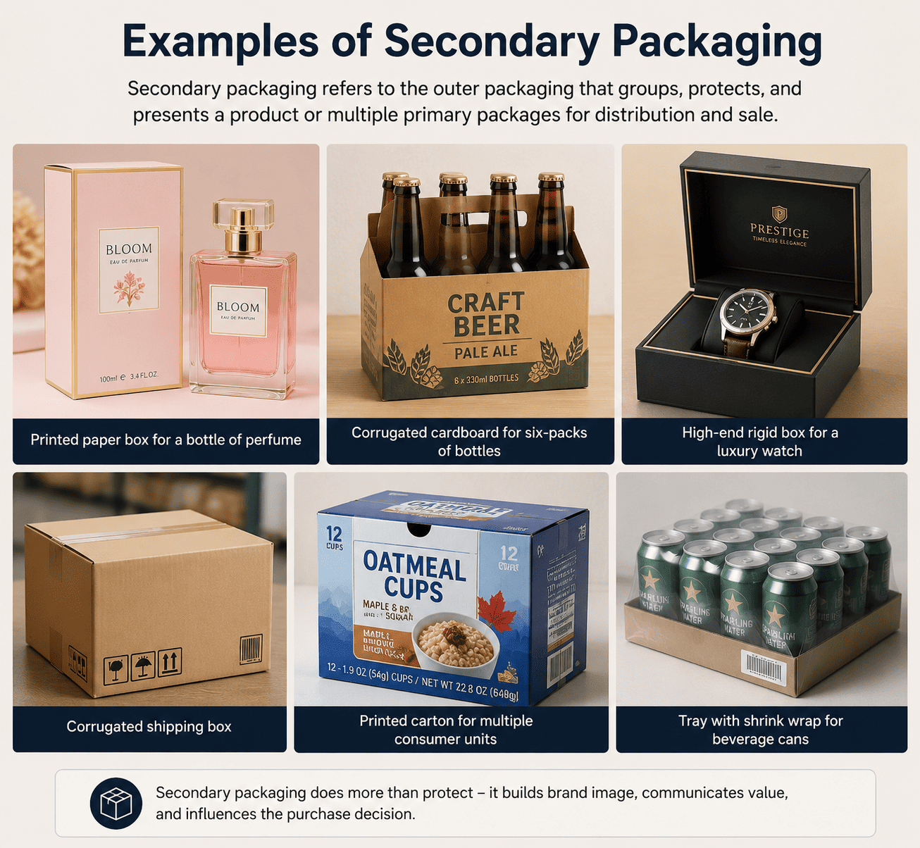 A diagram showing a bottle (primary), inside a box (secondary), which is then placed in a shipping carton (tertiary).