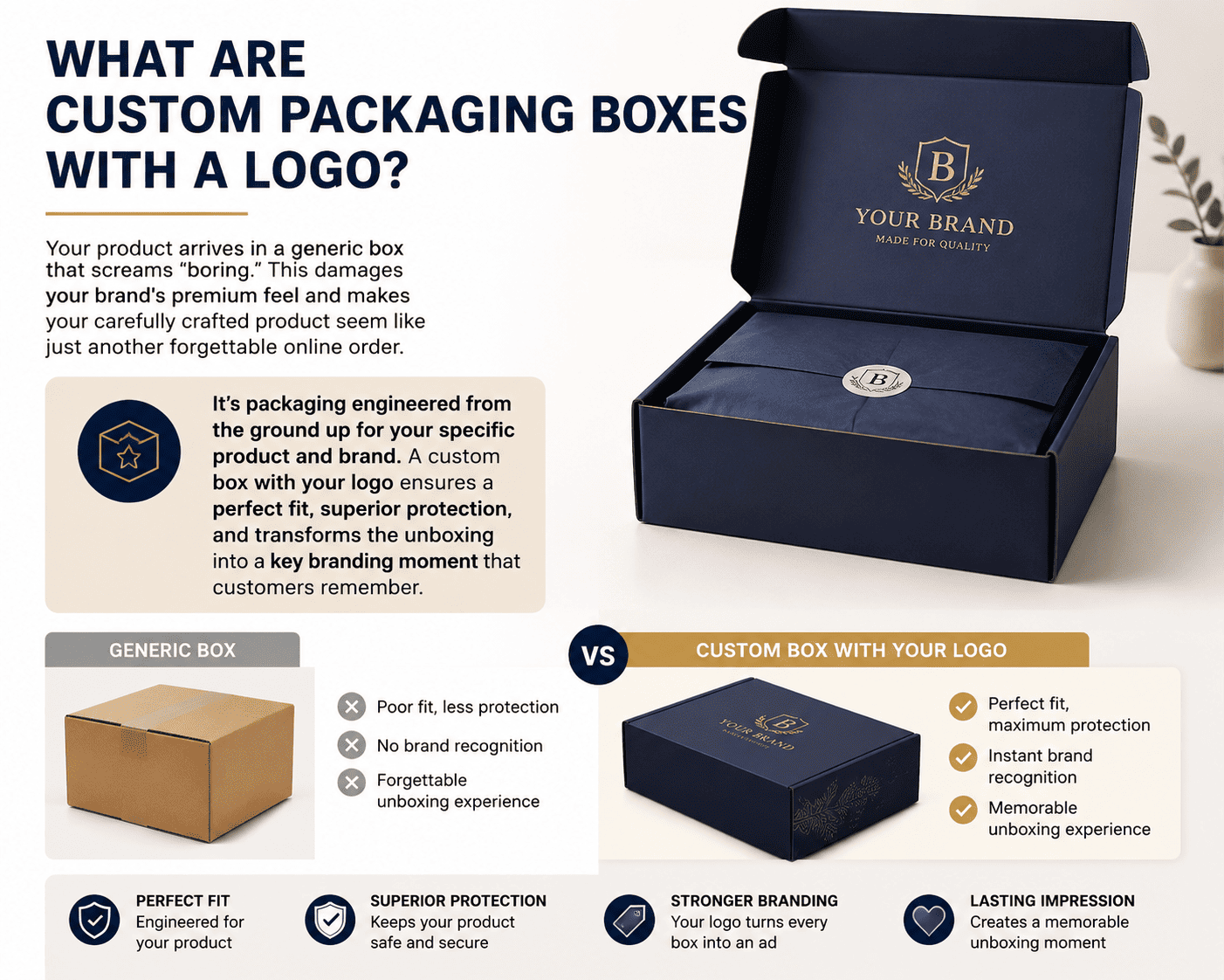 A collection of custom packaging boxes with a company logo prominently displayed in different styles.