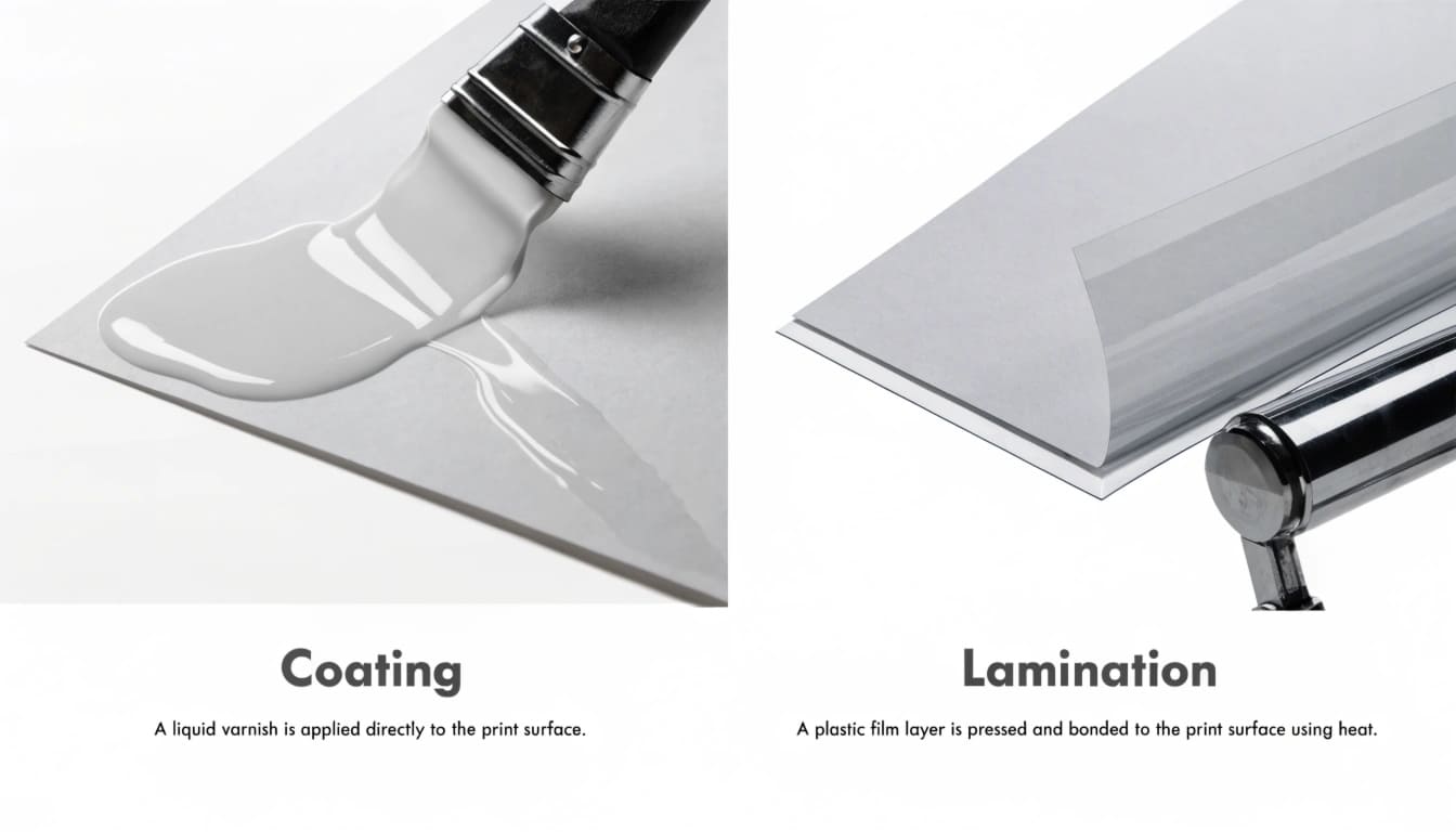 The Process of Coating vs. Lamination An illustration showing liquid coating being applied to paper versus a film of lamination being rolled onto paper.