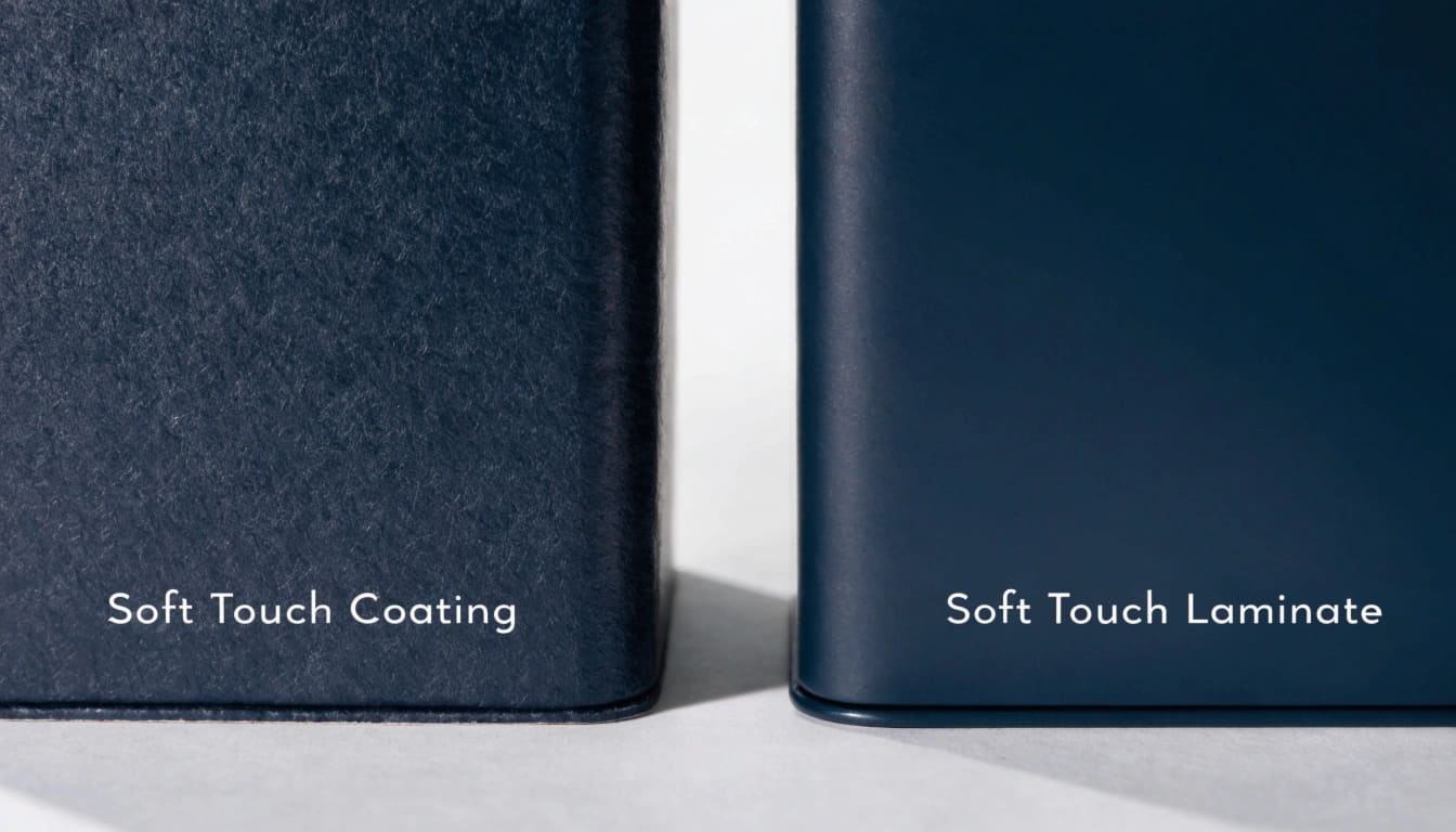 Cross-Section of Coating vs. Laminate A diagram showing a cross-section of paper with a thin coating on one side and a thicker laminate film on the other.